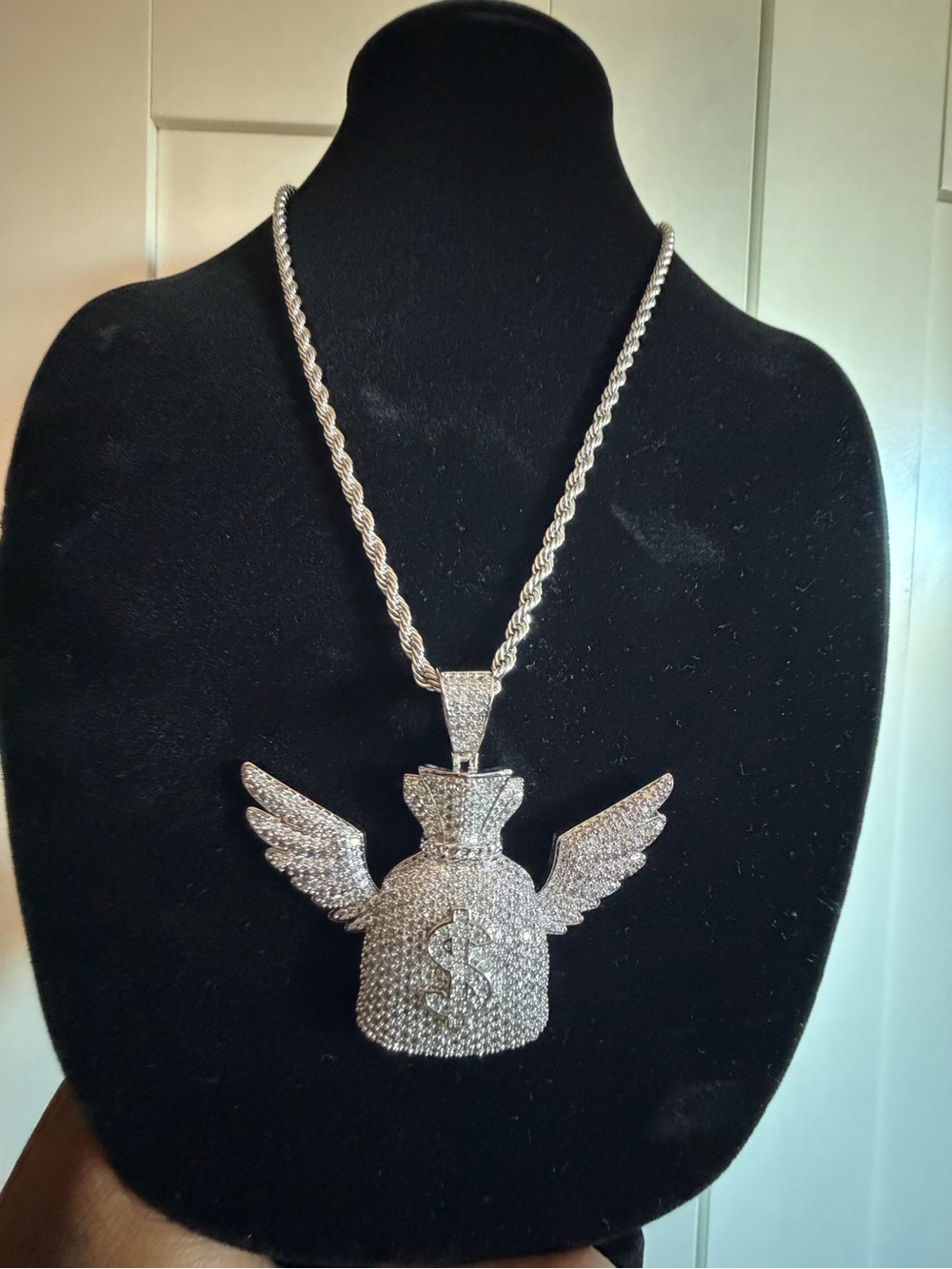 Silver-Tone Money Bag Wing Pendant Necklace - Men Jewelry